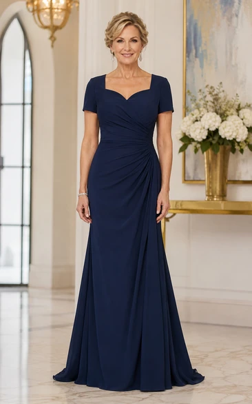 Dark Navy Sheath Short Sleeve Floor-Length Mother Dress