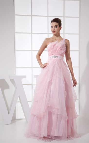 Pastel Ruffled A-Line Tulle Single Strap and Dress With Jeweled Waist
