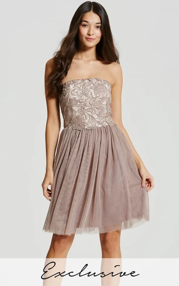Short Appliqued Strapless Tulle Bridesmaid Dress