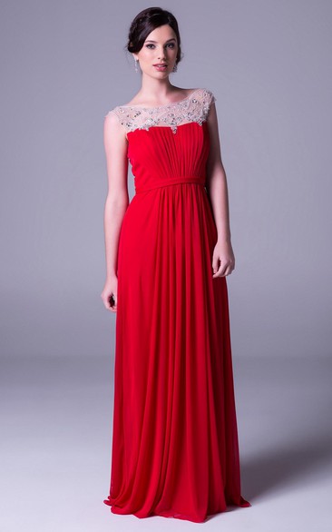 Sheath Bateau-Neck Beaded Cap-Sleeve Floor-Length Chiffon Prom Dress With Pleats