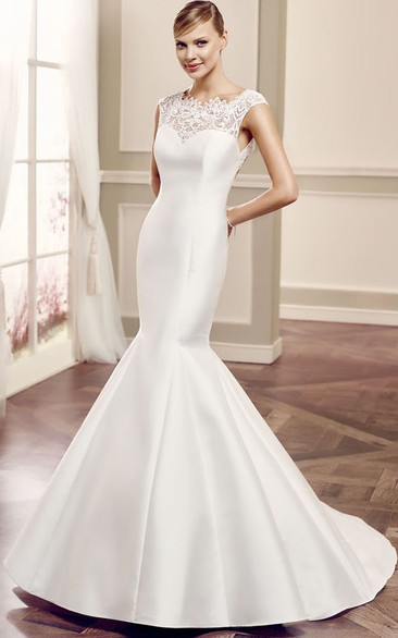 Scoop Long Lace Cap-Sleeve Satin Wedding Dress With Court Train And Keyhole