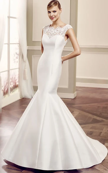 Scoop Long Lace Cap-Sleeve Satin Wedding Dress With Court Train And Keyhole