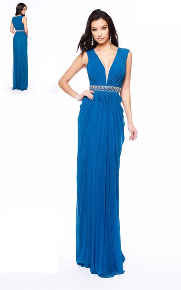 Pencil Long V-Neck Sleeveless Chiffon Dress With Pleats And Waist Jewellery
