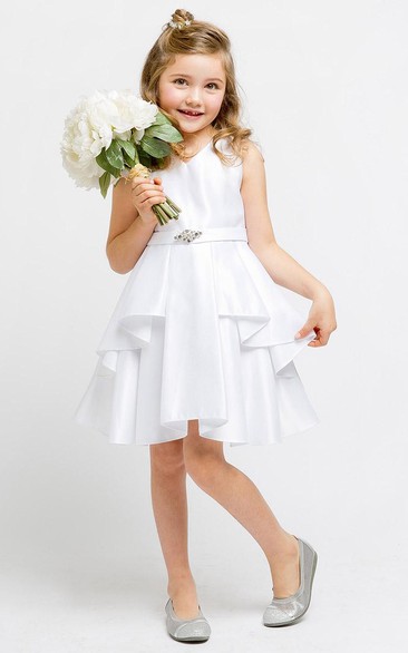 Knee-Length Split Split-Front Beaded Satin Flower Girl Dress With Sash