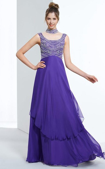 A-Line High Neck Cap Sleeves Beading Floor-Length Prom Dress