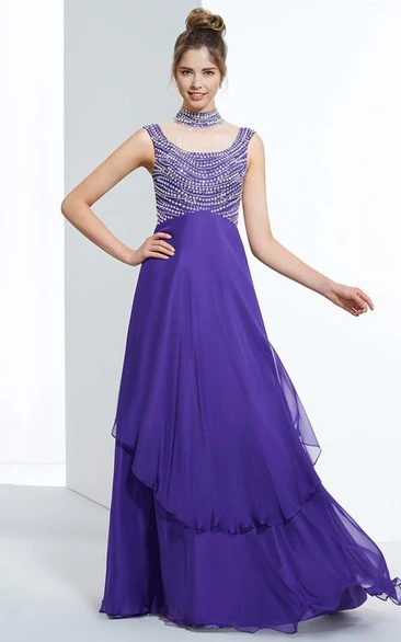 A-Line High Neck Cap Sleeves Beading Floor-Length Prom Dress