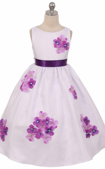 Floral Tea-Length Floral Beaded Flower Girl Dress With Sash