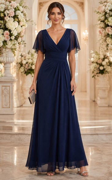 Flutter Sleeve V-Neck Chiffon A-Line Evening Gown