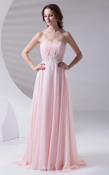 Chiffon Maxi Ruched Jeweled Waist and Gown With Pleats