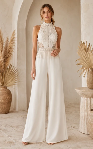 White High Neck Lace Bodice Bridal Jumpsuit