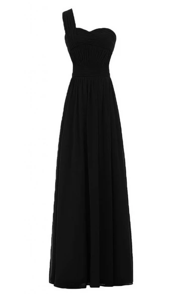 One-shoulder Pleated Long Chiffon Dress With Zipper Back