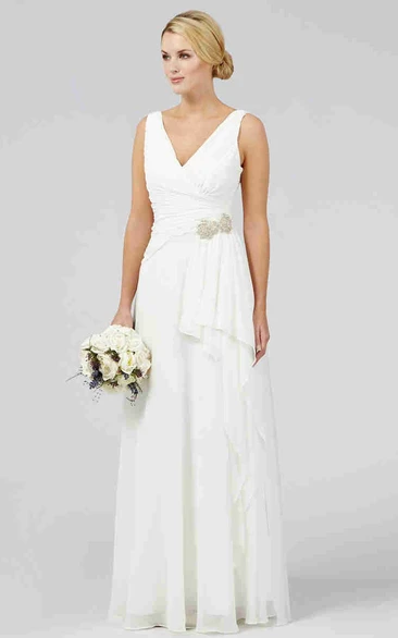 Sheath V-Neck Maxi Sleeveless Chiffon Wedding Dress With Criss Cross And Draping
