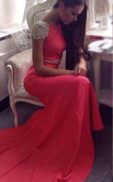 Gorgeous Cap Sleeve Beadings Prom Dress Mermaid With Train