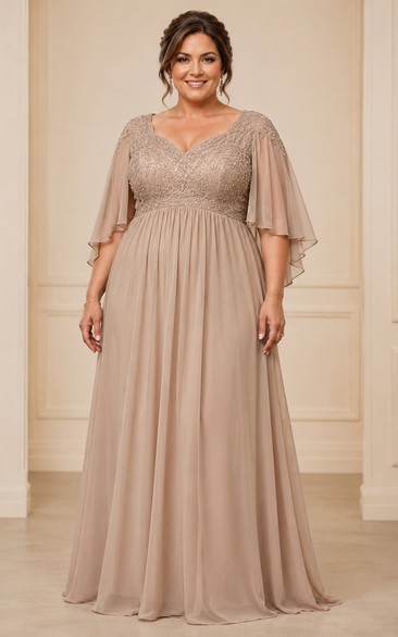 Plus Size Empire V-Neck Half Sleeve Chiffon Mother Dress with Cape
