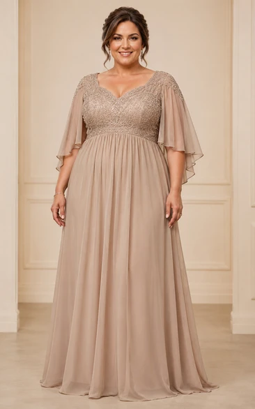 Plus Size Empire V-Neck Half Sleeve Chiffon Mother Dress with Cape