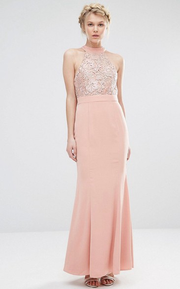 Ankle-Length Sheath Lace High Neck Sleeveless Chiffon Bridesmaid Dress With Bow