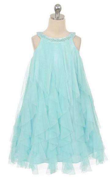 Floral Tea-Length Floral Beaded Satin Flower Girl Dress With Ruffles