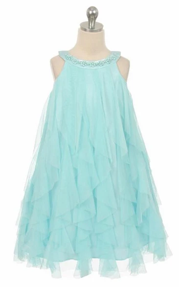 Floral Tea-Length Floral Beaded Satin Flower Girl Dress With Ruffles