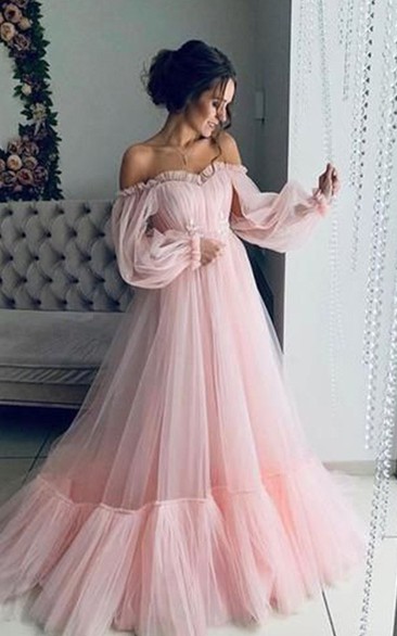 Off-the-shoulder Puff-long-sleeve Blush Tulle A-line Flowy Dress