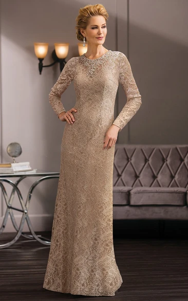Long-Sleeved Long Lace Mother Of The Bride Dress With Jeweled Neckline