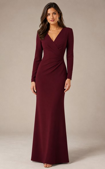 Burgundy V-neck Long Sleeve Sheath Formal Dress