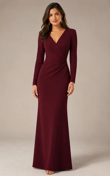 Burgundy V-neck Long Sleeve Sheath Formal Dress