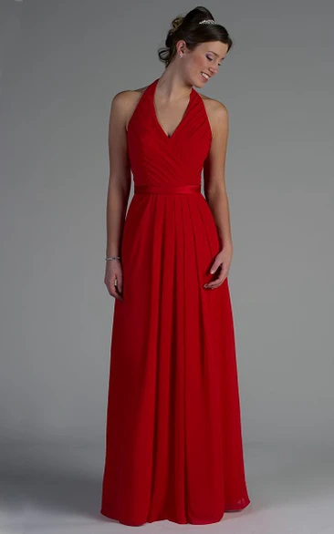 Halter Pleated A-Line Chiffon Long Bridesmaid Dress With Satin Sash