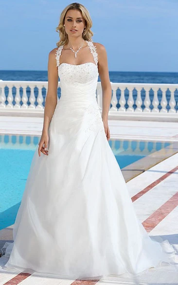 Long Halter Appliqued Satin Wedding Dress With Beading