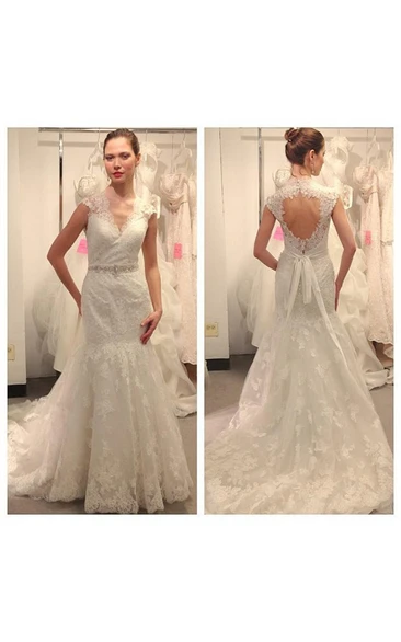 Deep V-neck Cap Sleeves A-line Lace Gown With Back Keyhole