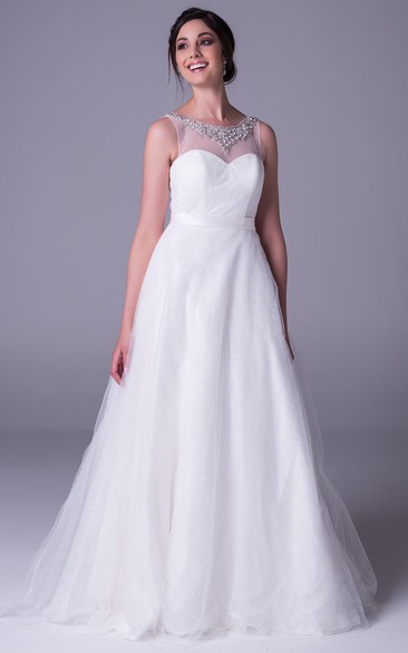 A-Line Beaded Sleeveless Scoop-Neck Long Tulle Wedding Dress