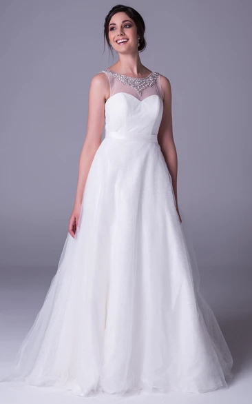 A-Line Beaded Sleeveless Scoop-Neck Long Tulle Wedding Dress