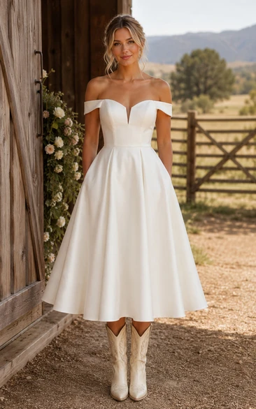 Off-the-Shoulder Tea-Length Satin Country Wedding Dress with Sweetheart Neckline