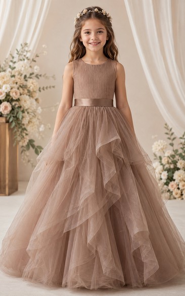 A-line Floor Length Sleeveless Tulle Flower Girl Dress with Taupe cascading ruffle tulle skirt