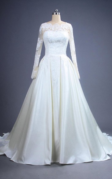 Long Sleeve Lace and Satin A-Line Bridal Gowns Dress With Low-V Back