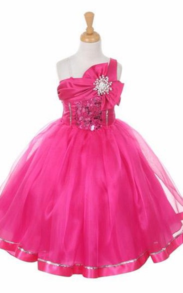 Broach Tea-Length Tiered Bowed Sequins&Organza Flower Girl Dress With Sash