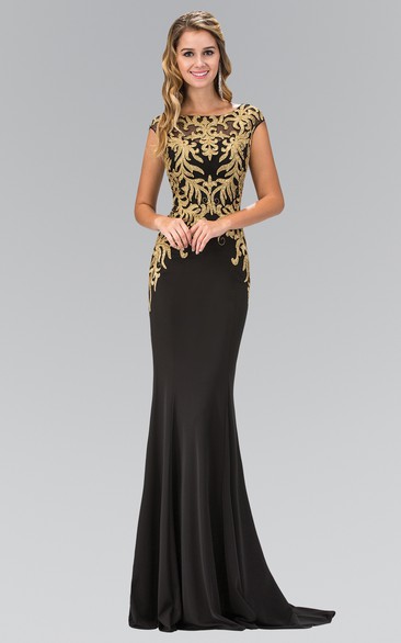 Sheath Maxi Bateau Cap-Sleeve Jersey Illusion Dress With Beading And Pleats