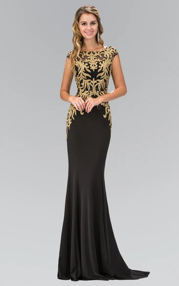 Sheath Maxi Bateau Cap-Sleeve Jersey Illusion Dress With Beading And Pleats