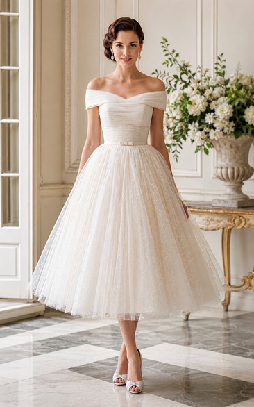 Vintage Off-the-Shoulder Tulle Tea-Length Wedding Dress