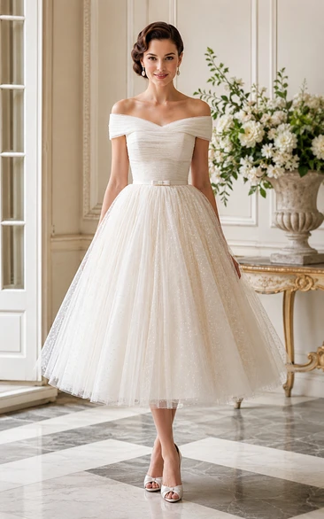 Vintage Off-the-Shoulder Tulle Tea-Length Wedding Dress