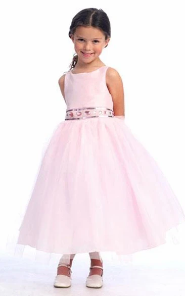 Jewel Tea-Length Floral Floral Tulle Flower Girl Dress