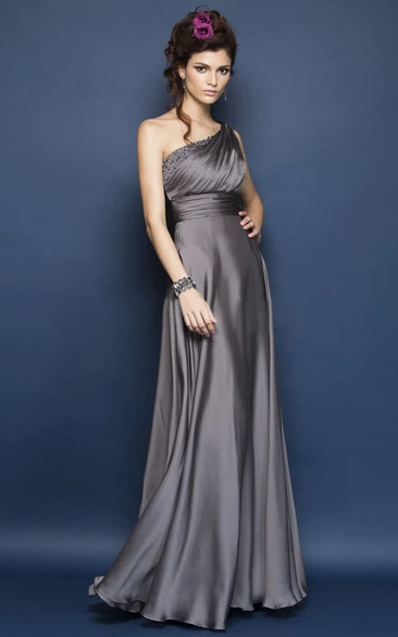 One-Shoulder Long Taffeta Bridesmaid Dress With Beaded Neckline