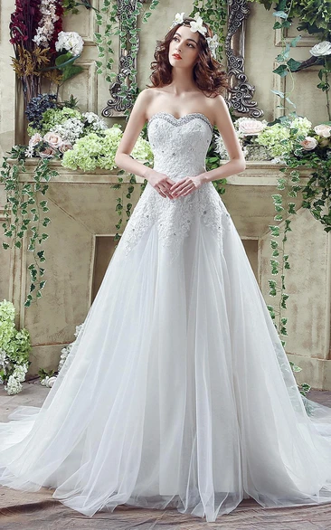 Glamorous Sequined Lace Tulle Princess Wedding Dress Court Train Lace-up