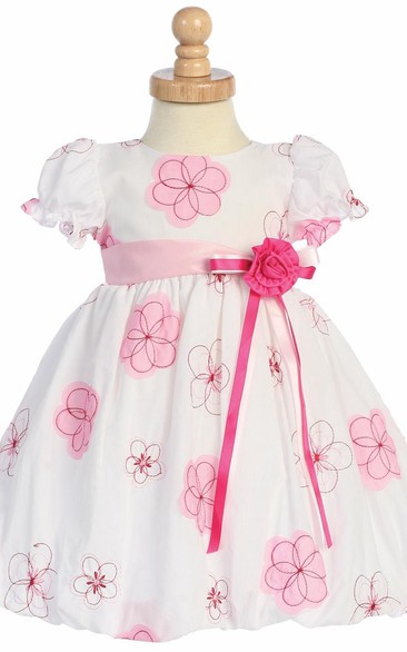 Tea-Length Bowed Embroideried Taffeta Flower Girl Dress