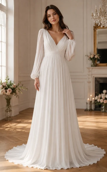 Empire Puff Long Sleeve Ruched A-line Wedding Dress