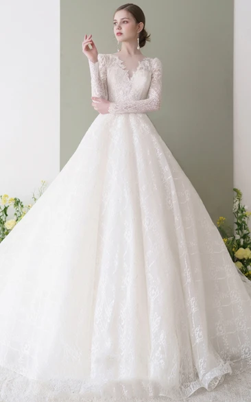 Romantic Ball Gown Lace Floor-length Long Sleeve Keyhole Wedding Dress with Appliques