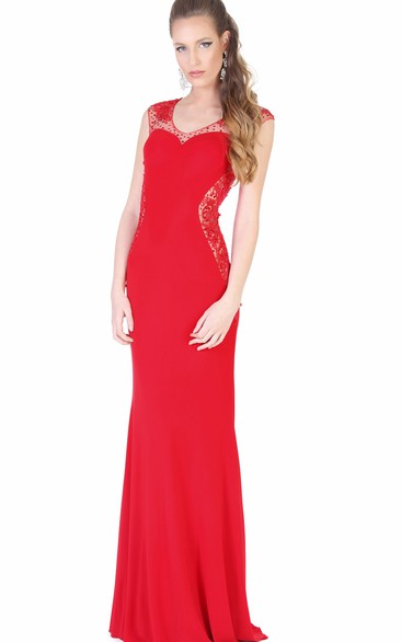Sheath Cap-Sleeve Scoop-Neck Floor-Length Beaded Jersey Evening Dress