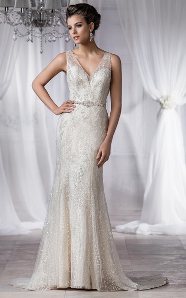 V-Neck Sleeveless Mermaid Wedding Dress With Beadings And Deep V-Back
