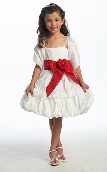 Floral Midi Cap-Sleeve Tiered Taffeta Flower Girl Dress With Cape