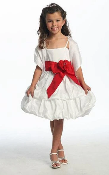 Floral Midi Cap-Sleeve Tiered Taffeta Flower Girl Dress With Cape