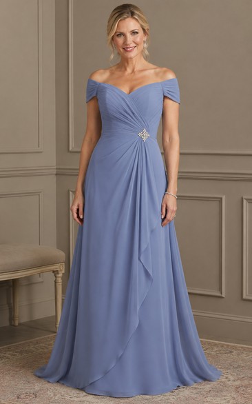 Steel Blue Off-the-shoulder Chiffon Mother Dress